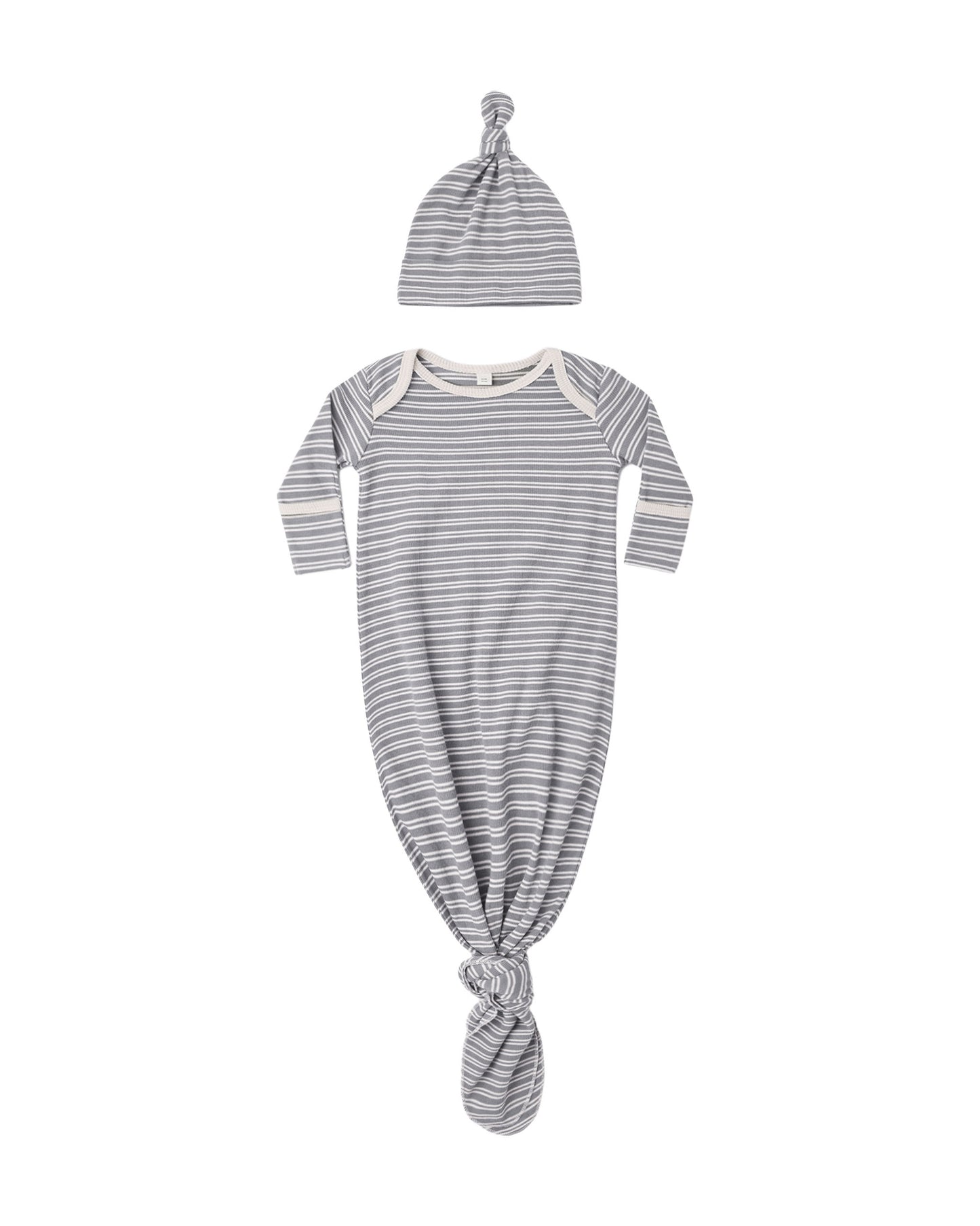 Quincy Mae Knotted Baby Gown + Hat Set - Slate Microstripe