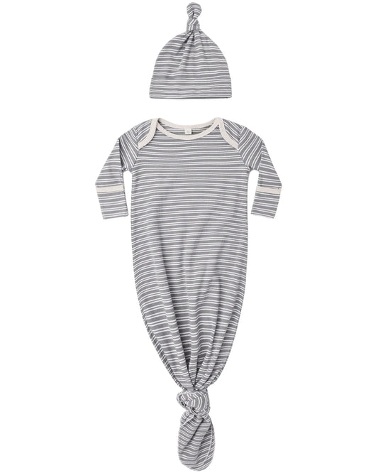 Quincy Mae Knotted Baby Gown + Hat Set - Slate Microstripe