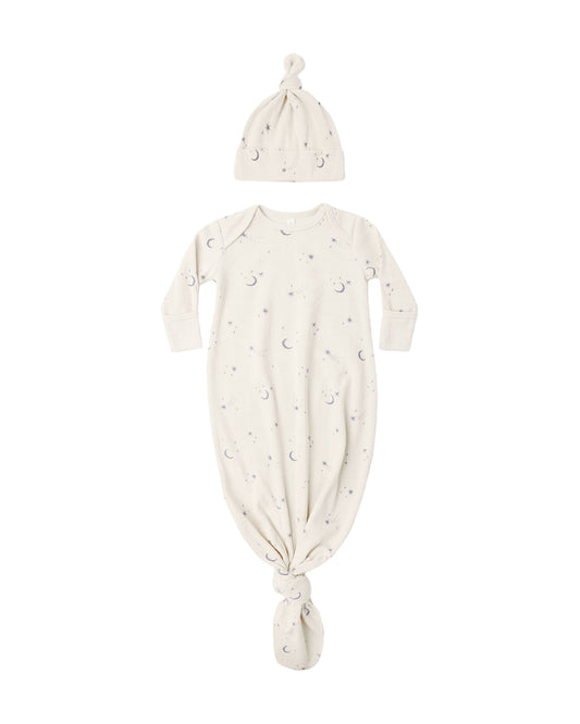 Quincy Mae Knotted Baby Gown + Hat Set - Celestial
