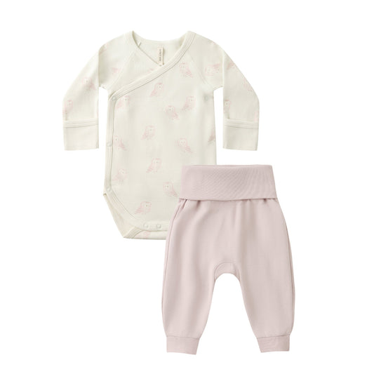 Quincy Mae Side Snap Bodysuit + Pant Set - Snow Owls
