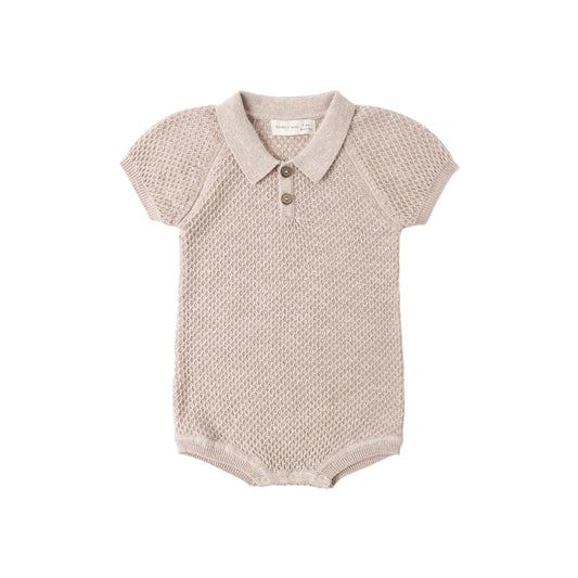 Quincy Mae Knit Polo Romper - Heathered Latte