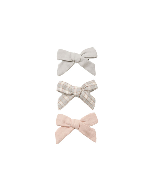 Quincy Mae Bow w. Clip, Set Of 3 - Cloud, Blue Gingham, Dusty Rose