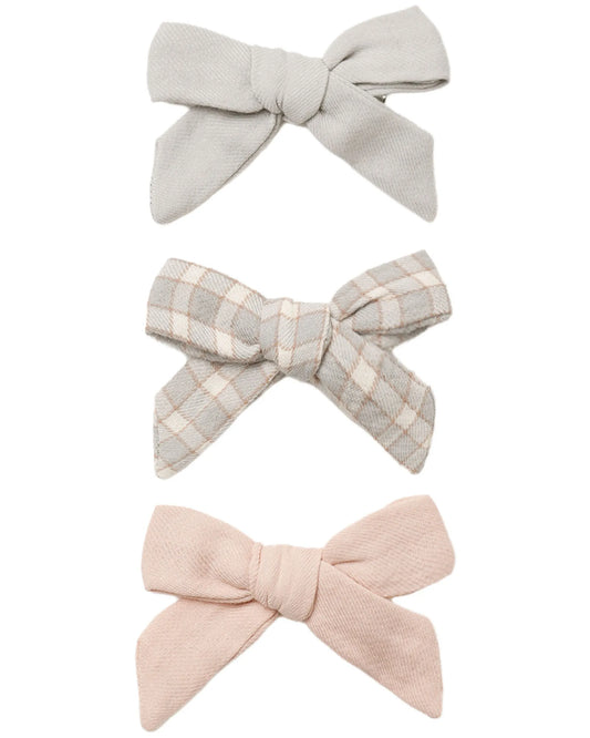 Quincy Mae Bow w. Clip, Set Of 3 - Cloud, Blue Gingham, Dusty Rose