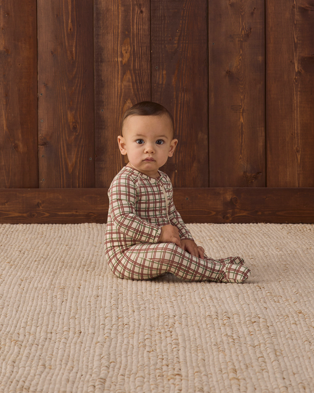 Quincy Mae Bamboo Zip Footie - Redwood Check