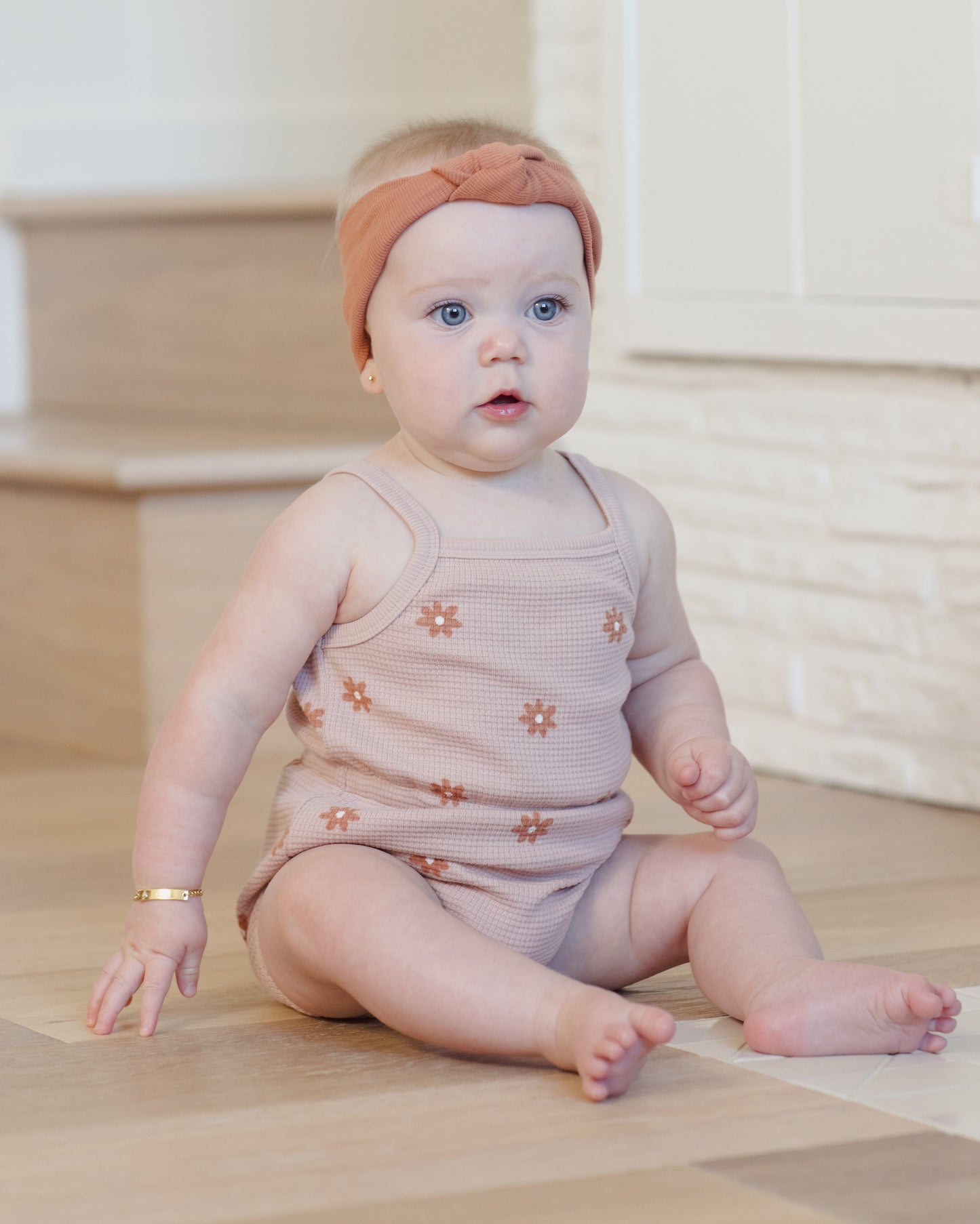 Quincy Mae Waffle Cinch Romper - Pink Daisy