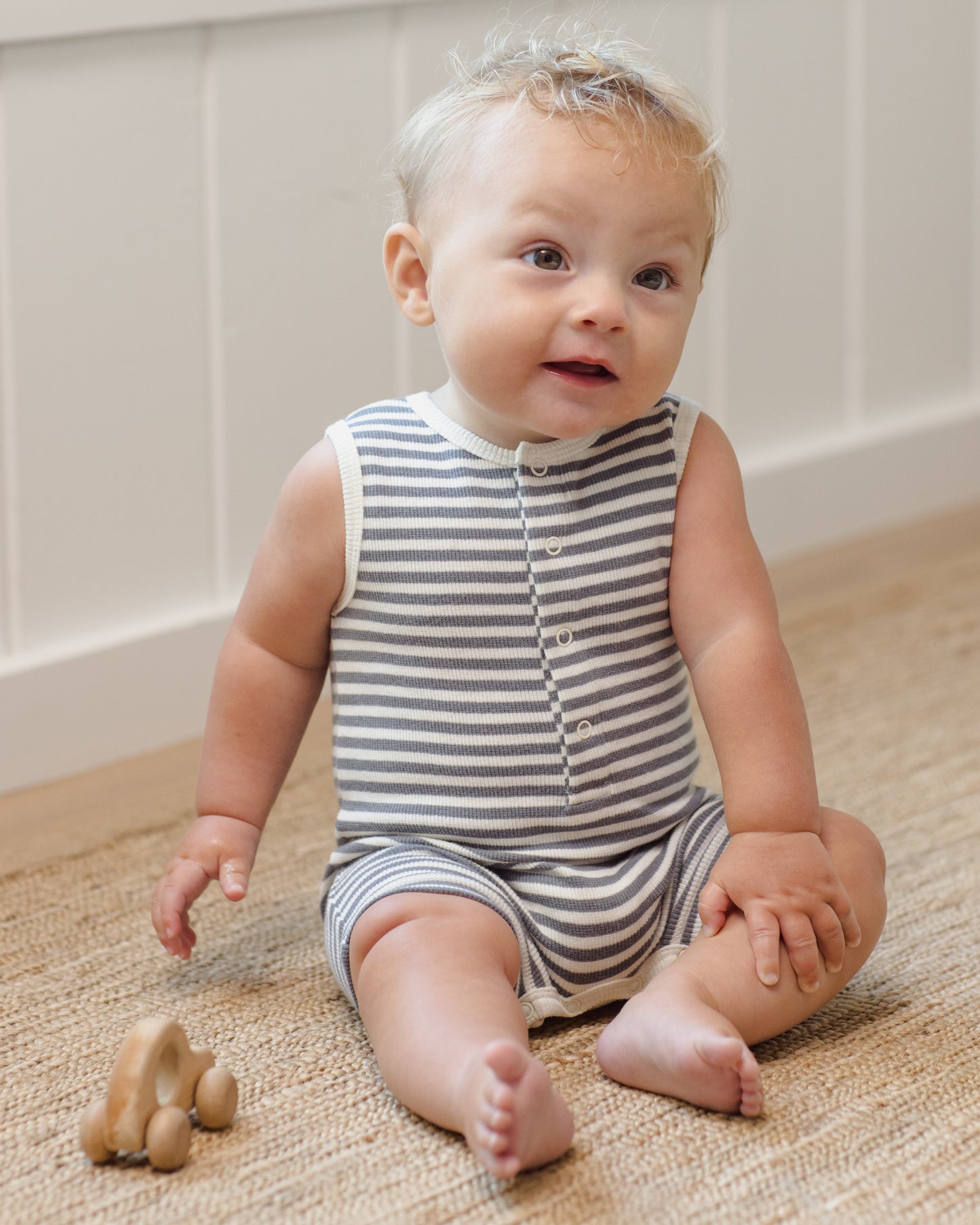 Quincy Mae Ribbed Henley Romper - Ocean Stripe