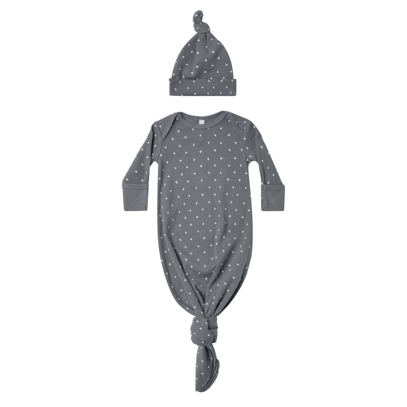 Quincy Mae Knotted Baby Gown + Hat - Criss Cross - Navy