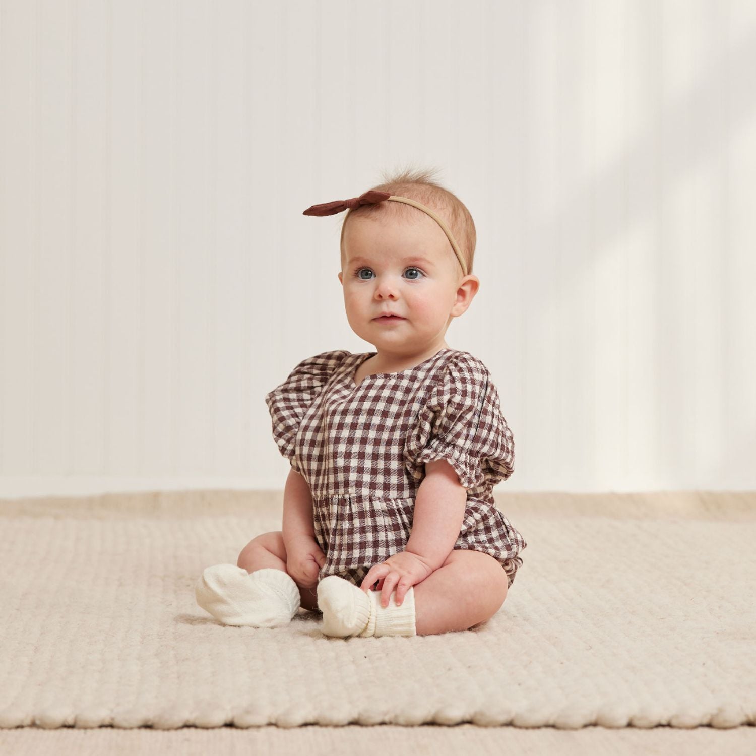 Toddler girl wearing Quincy Mae Cosette Romper - Plum Gingham