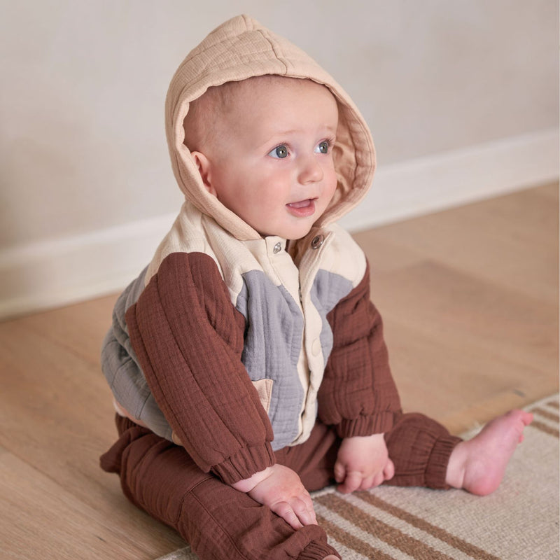 Toddler wearing Quincy Mae Hooded Woven Jacket - Color Block - Plum / Dusty Blue / Butter / Natural