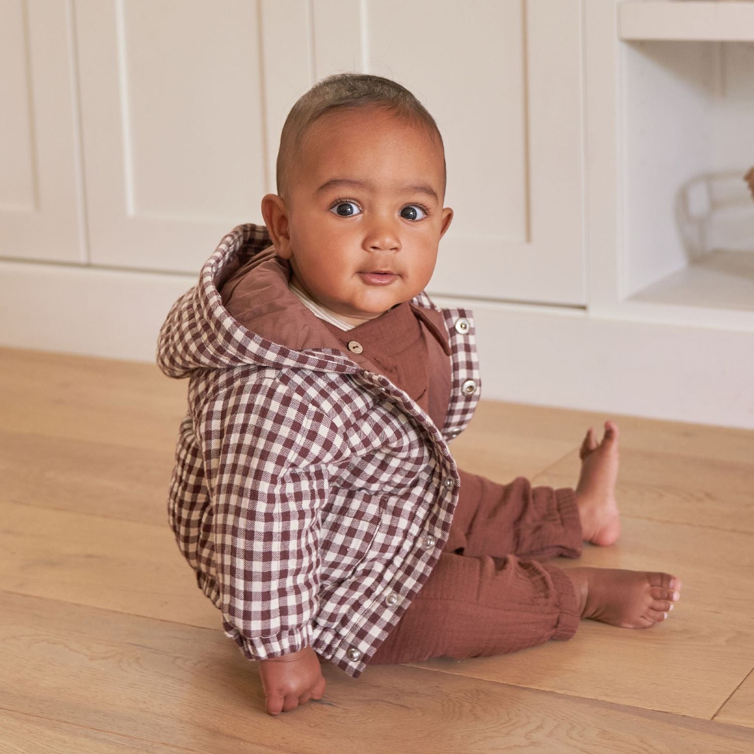 Toddler wearing Quincy Mae Hooded Woven Jacket - Plum Gingham
