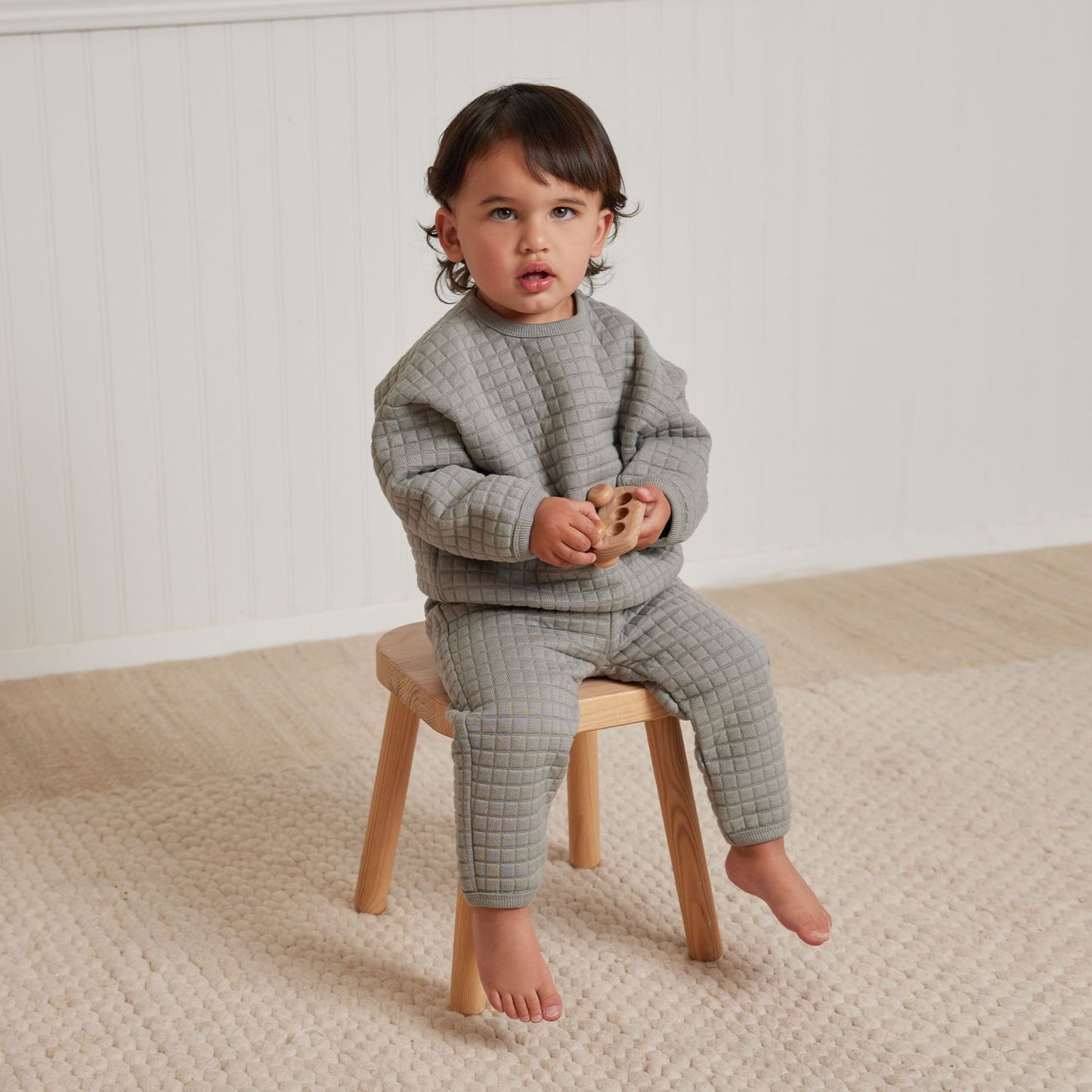 Toddler wearing Quincy Mae Quilted Sweater + Pant Set - Dusty Blue