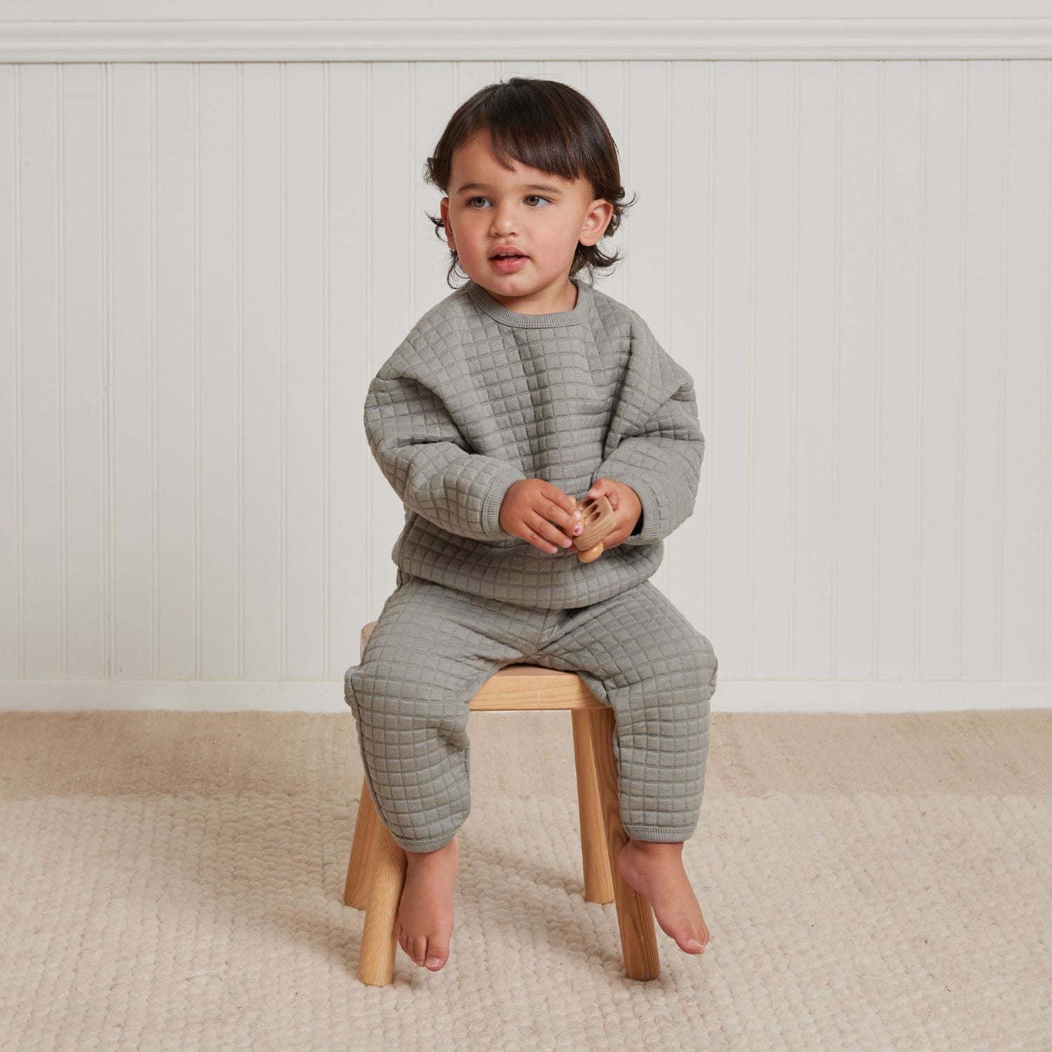 Toddler wearing Quincy Mae Quilted Sweater + Pant Set - Dusty Blue