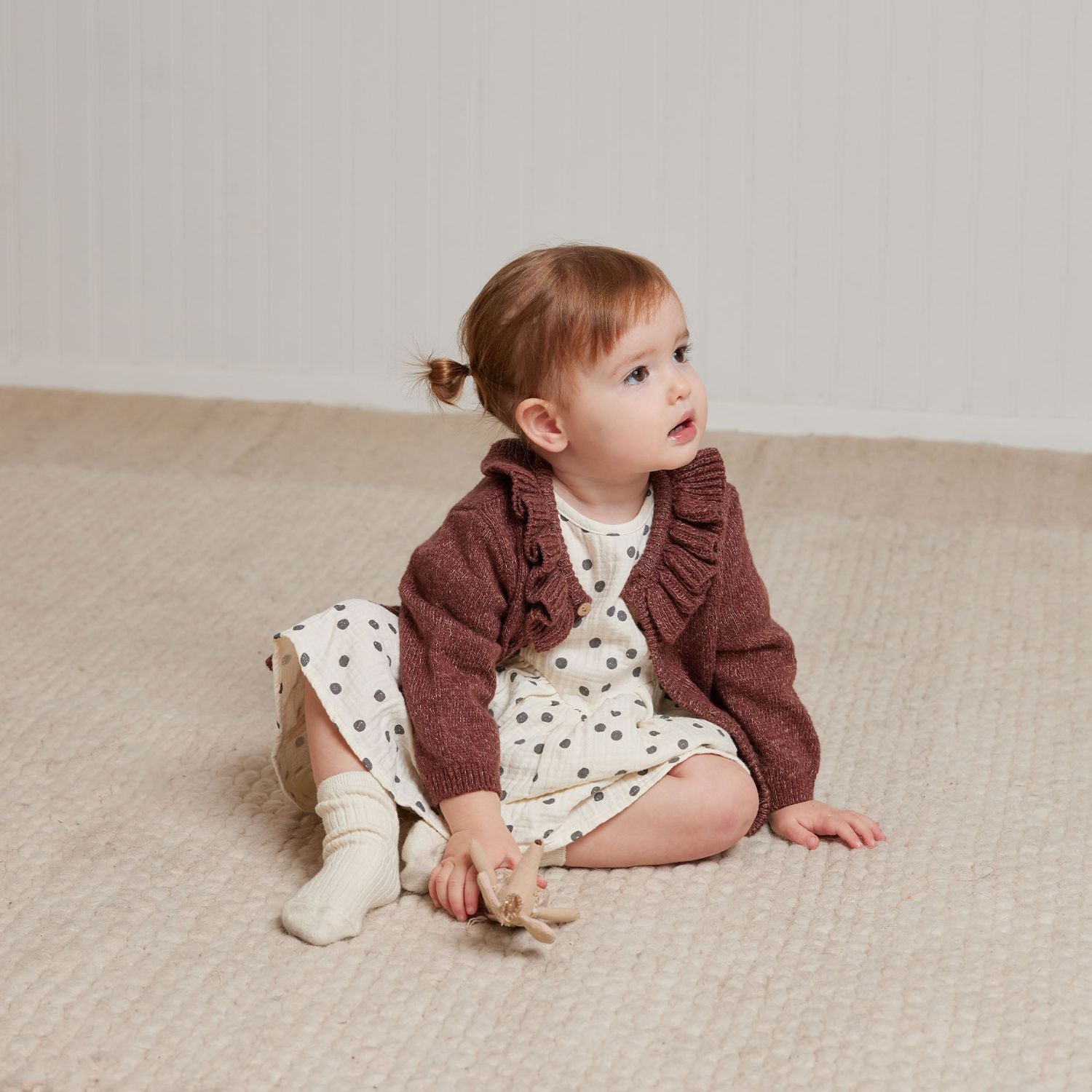 Toddler girl wearing Quincy Mae Ruffle Collar Cardigan - Plum Heathered