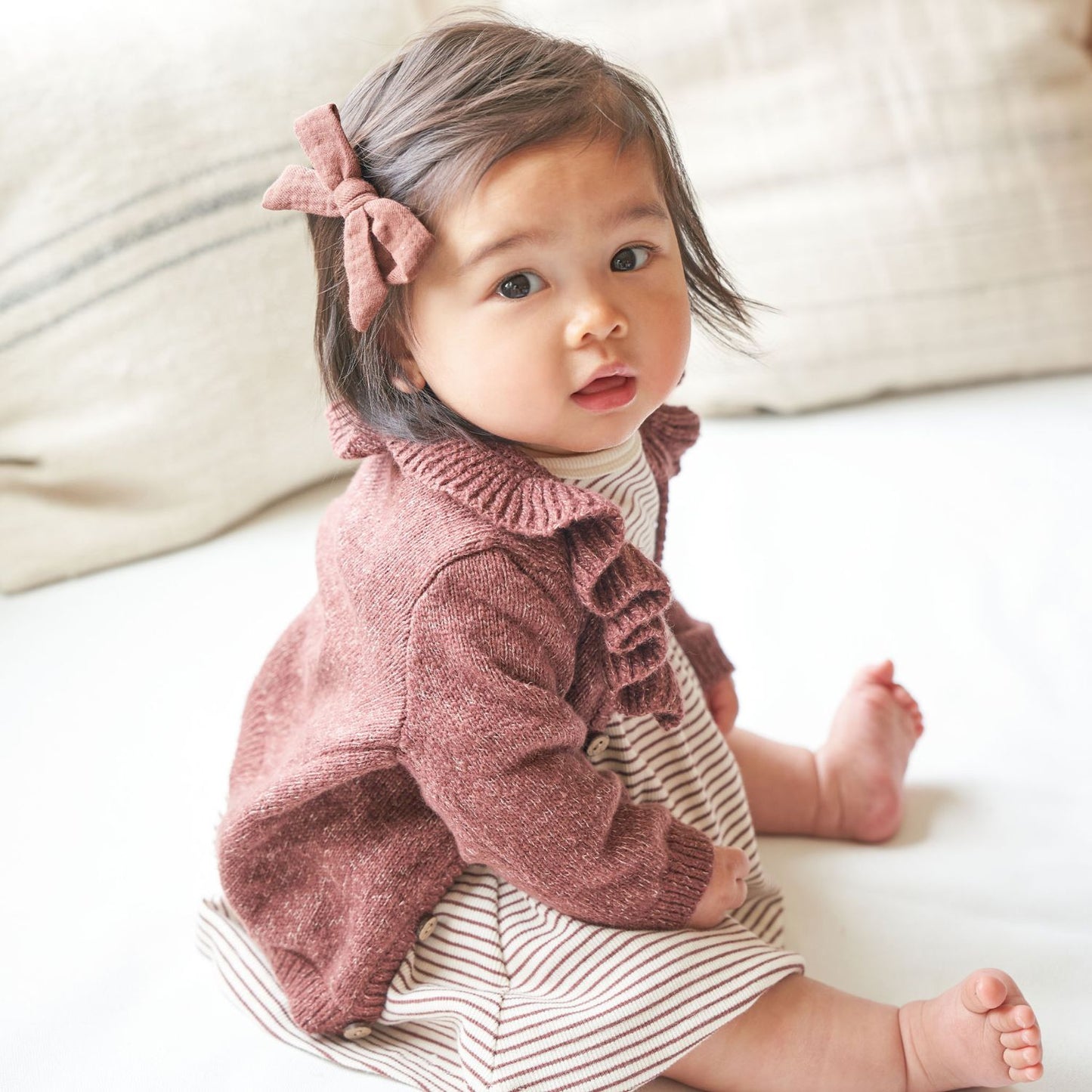 Toddler girl wearing Quincy Mae Ruffle Collar Cardigan - Plum Heathered