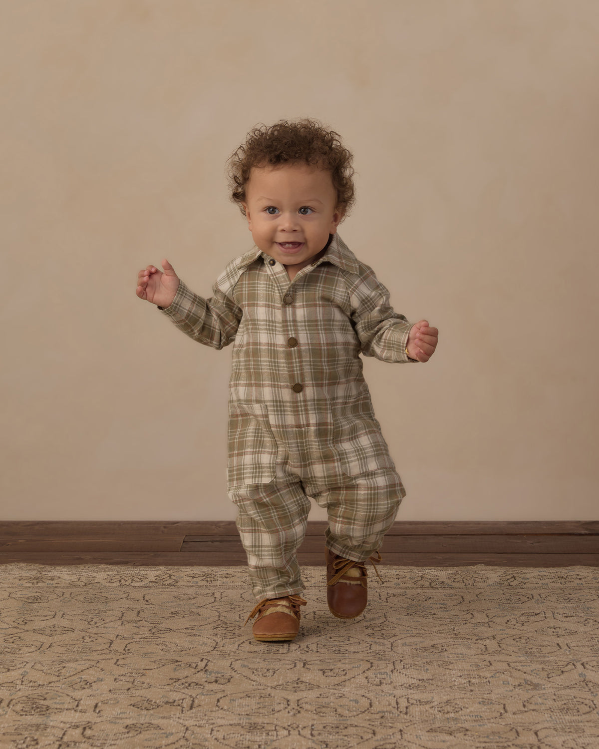Rylee and Cru Collared Baby Jumpsuit - Olive Dobby Plaid