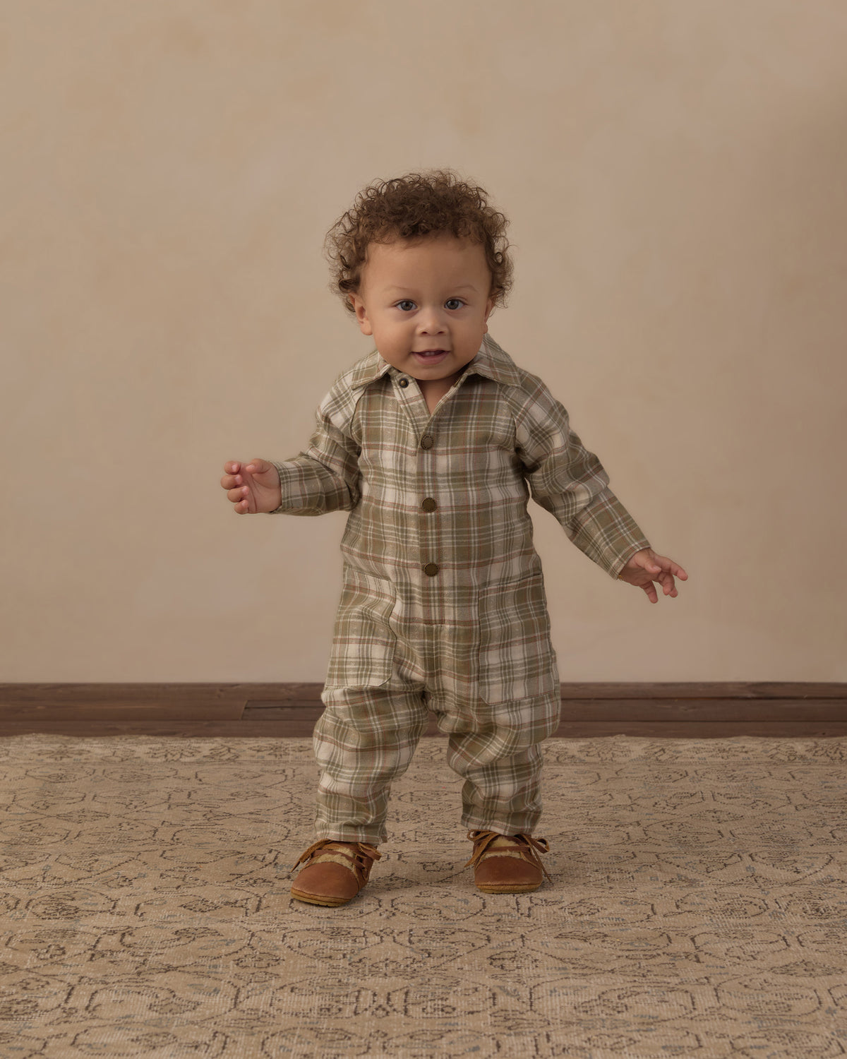 Rylee and Cru Collared Baby Jumpsuit - Olive Dobby Plaid