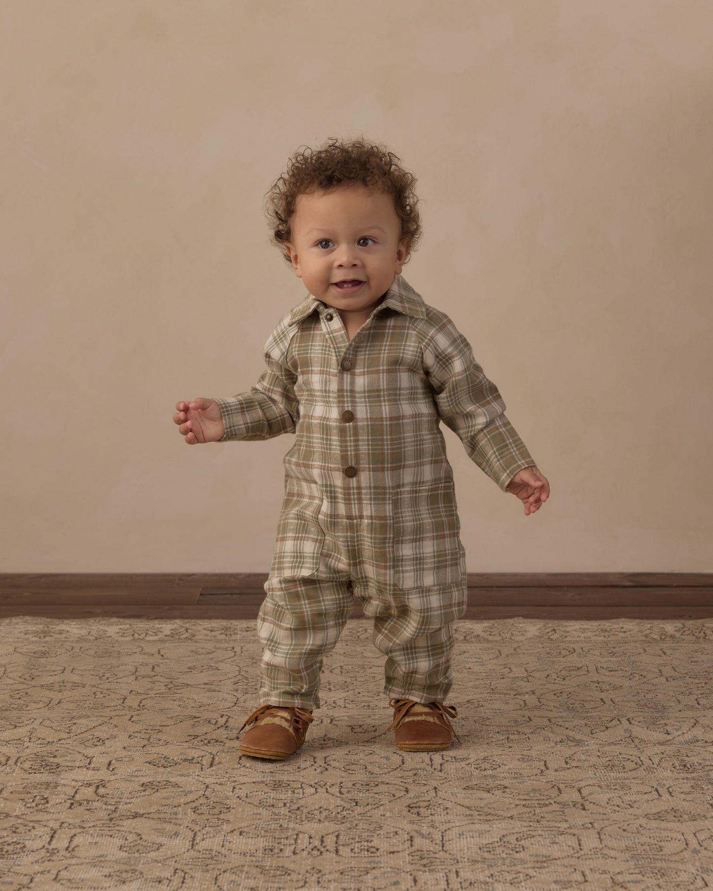 Rylee and Cru Collared Baby Jumpsuit - Olive Dobby Plaid