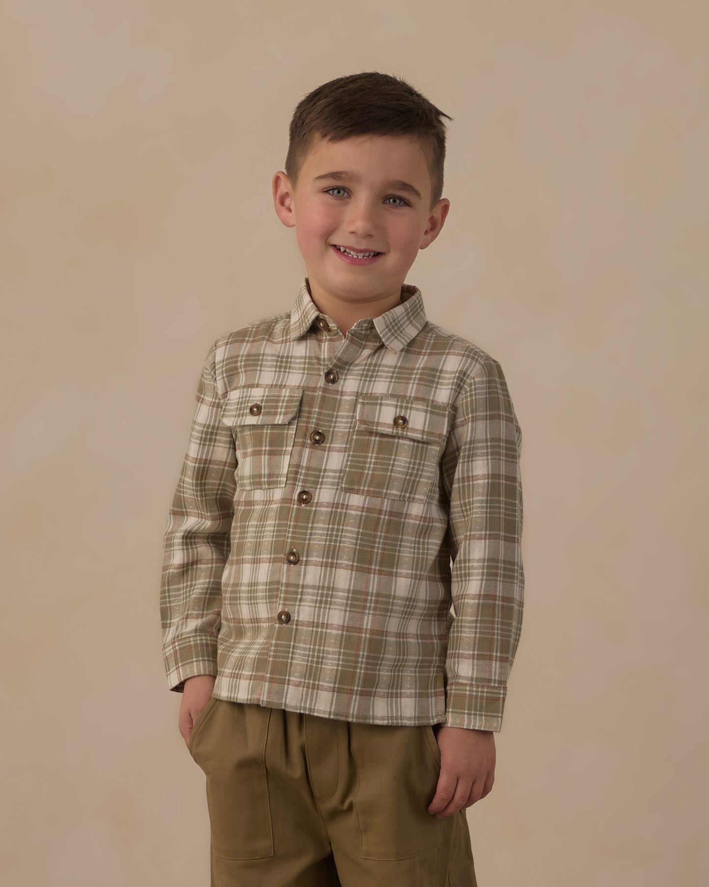 Rylee and Cru Pocketed Corduroy Shirt - Olive Dobby Plaid