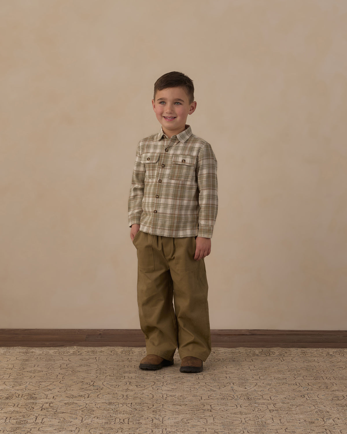 Rylee and Cru Pocketed Corduroy Shirt - Olive Dobby Plaid