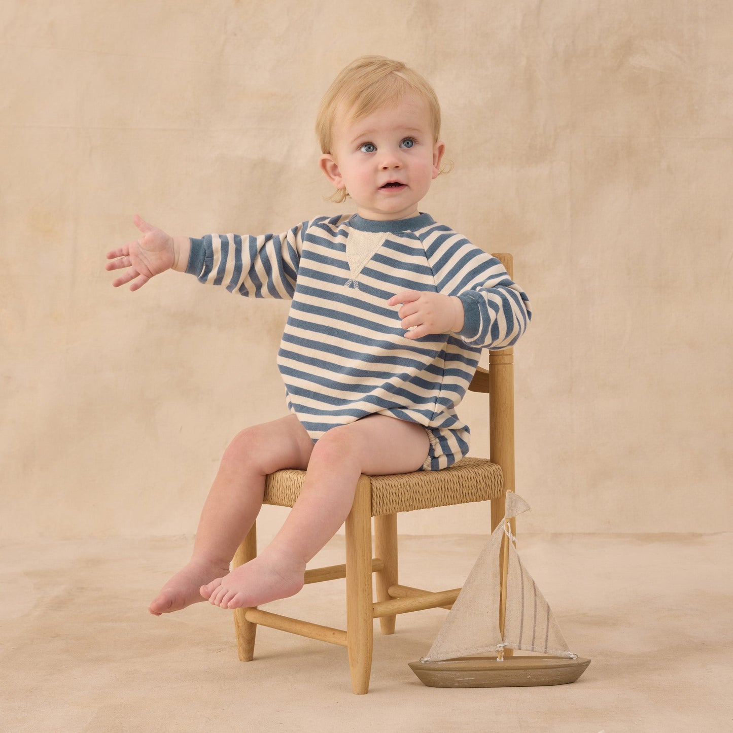 Rylee and Cru Crewneck Romper - Marine Stripe