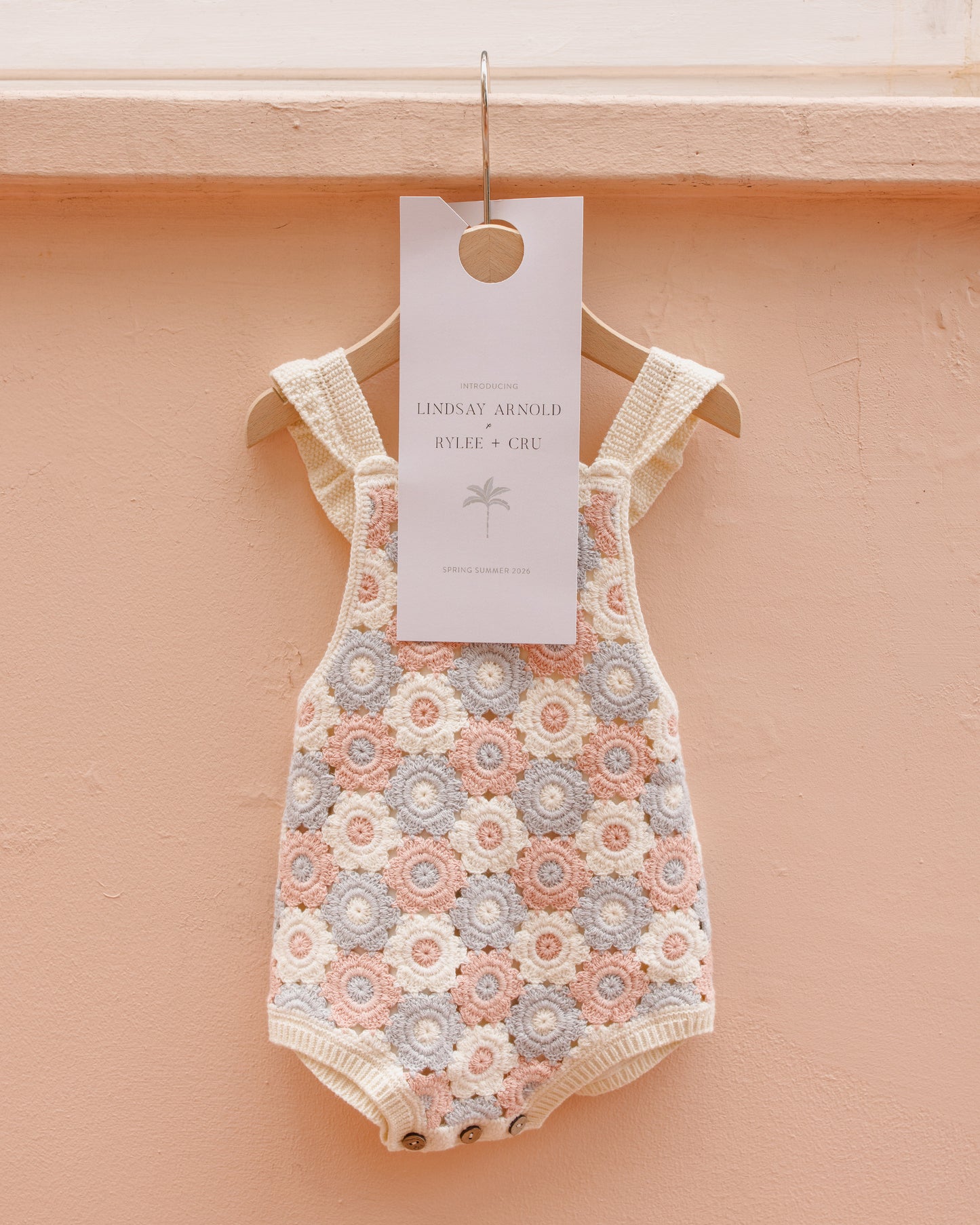 Rylee and Cru Crochet Romper - Blue / Light Pink / Ivory