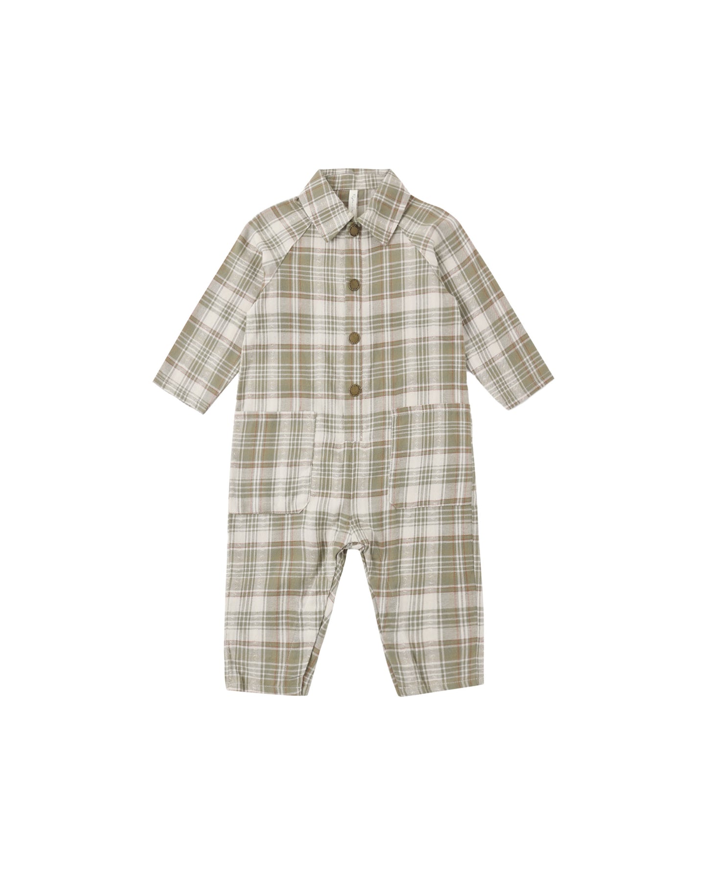 Rylee and Cru Collared Baby Jumpsuit - Olive Dobby Plaid