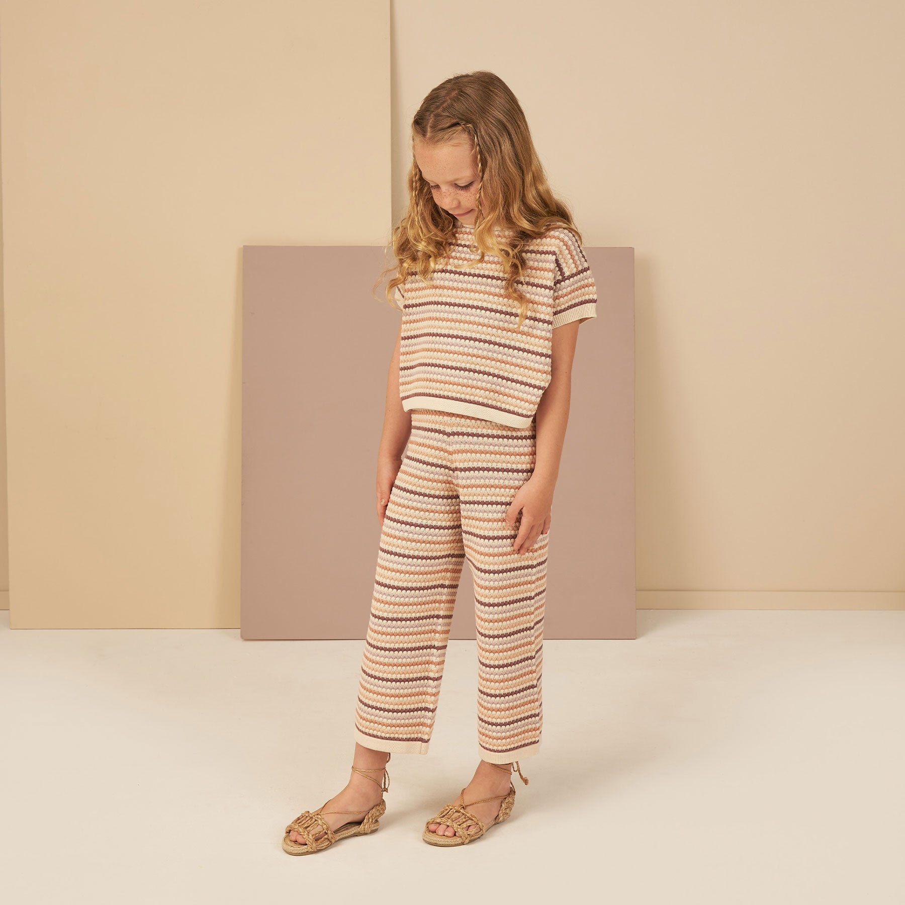 Rylee and Cru Knit Wide Leg Pant - Honeycomb Stripe - Mulberry / Mauve / Clay / Sand
