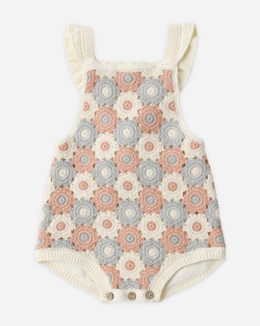 Rylee and Cru Crochet Romper - Blue / Light Pink / Ivory