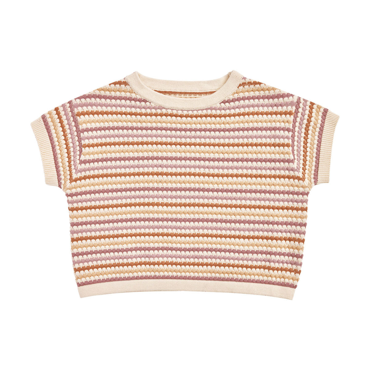 Rylee and Cru Boxy Crop Knit Tee - Honeycomb Stripe - Mulberry / Mauve / Clay / Sand
