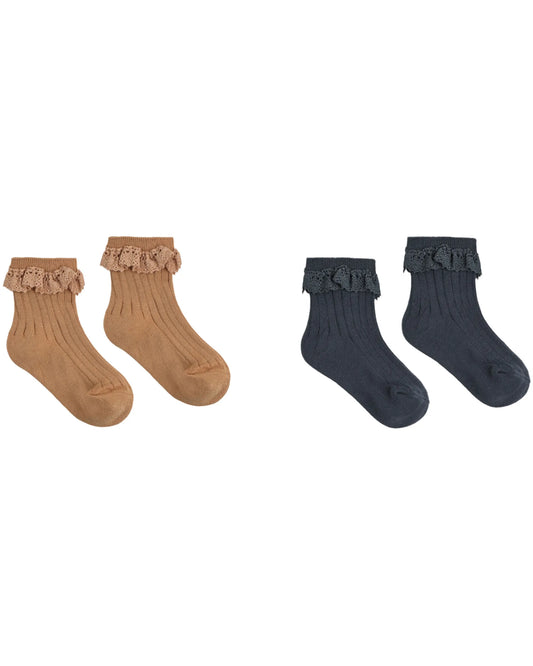 Rylee and Cru Lace Trim Socks, 2-Pack - Fawn, Midnight