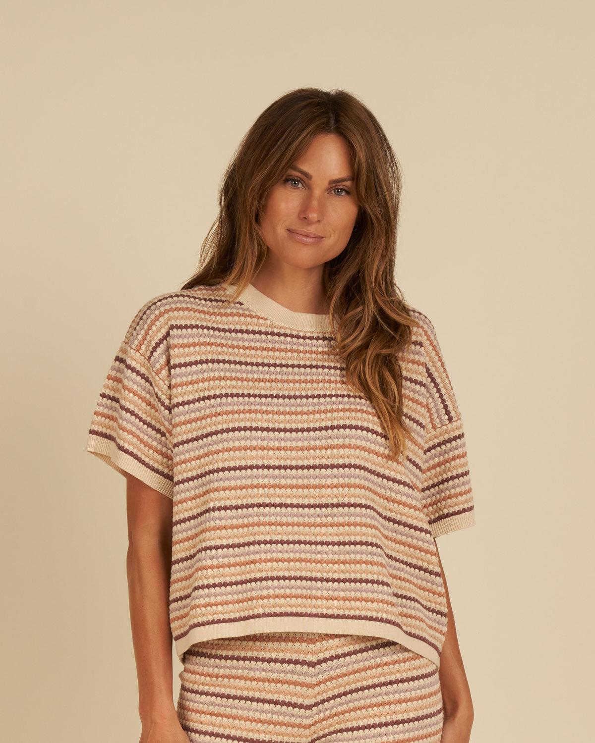 Rylee and Cru Women's Boxy Crop Knit Tee - Honeycomb Stripe - Mulberry / Mauve / Clay / Sand