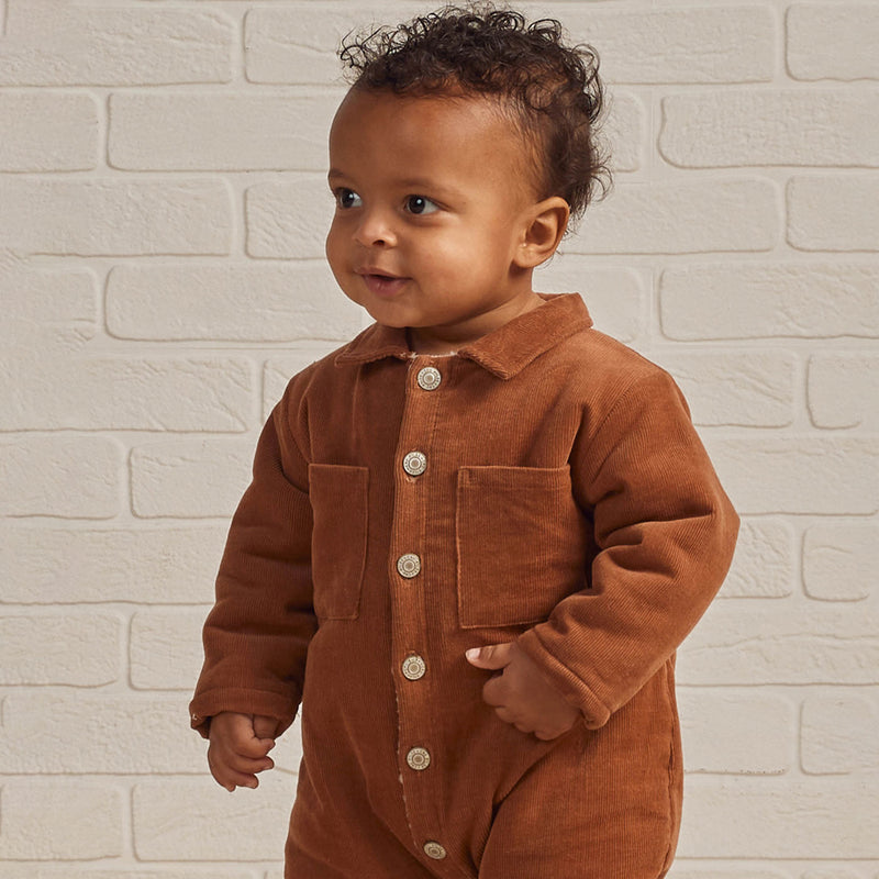 Toddler boy wearing Rylee and Cru Cord Baby Jumpsuit - Spice