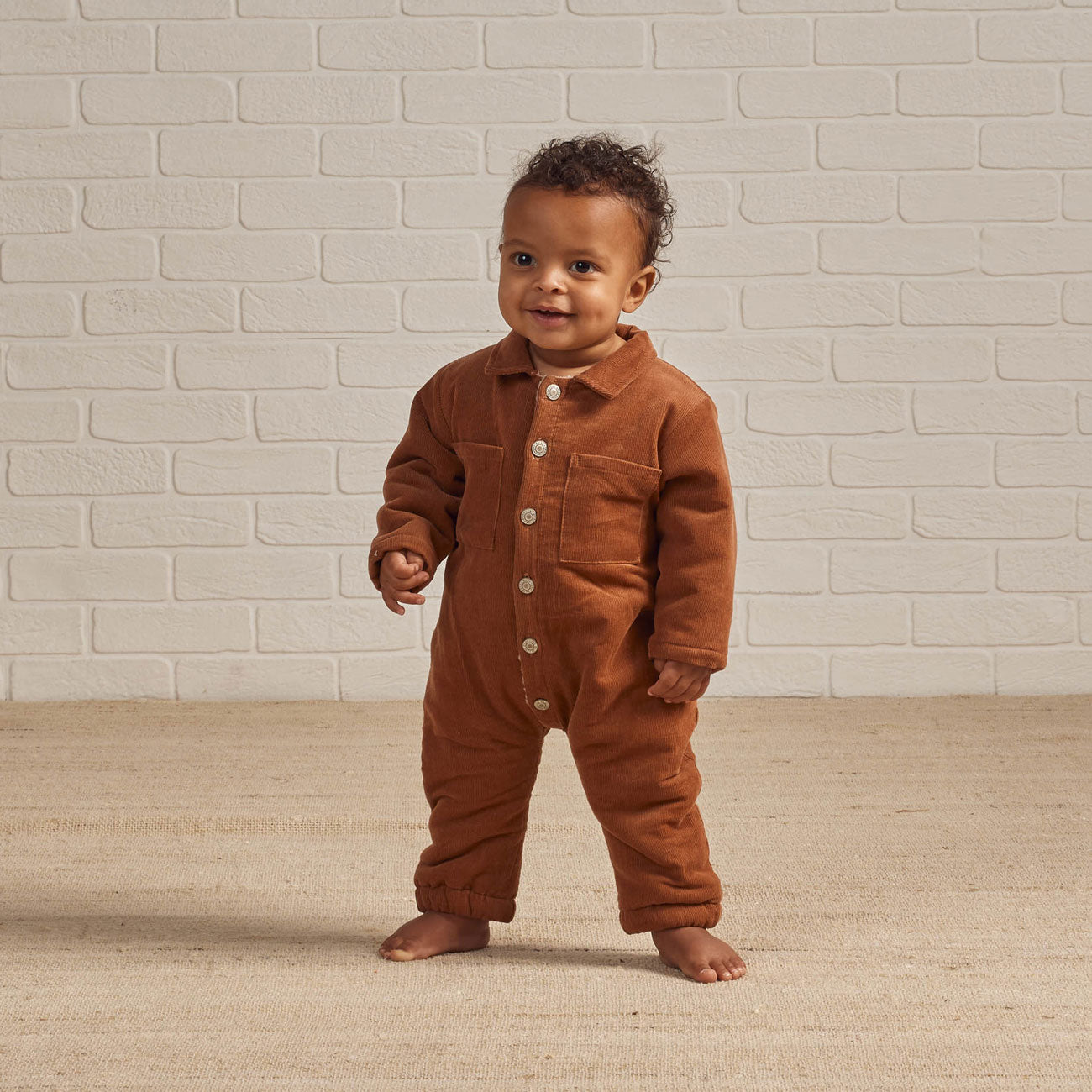 Toddler boy wearing Rylee and Cru Cord Baby Jumpsuit - Spice