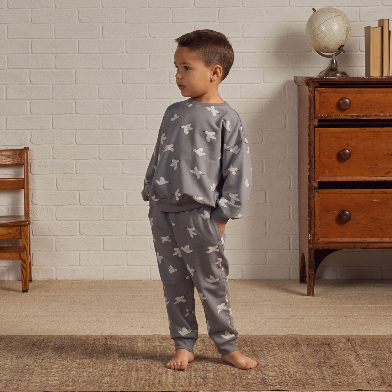 Boy wearing Rylee and Cru Jogger Pant - Birds - Dusty Blue