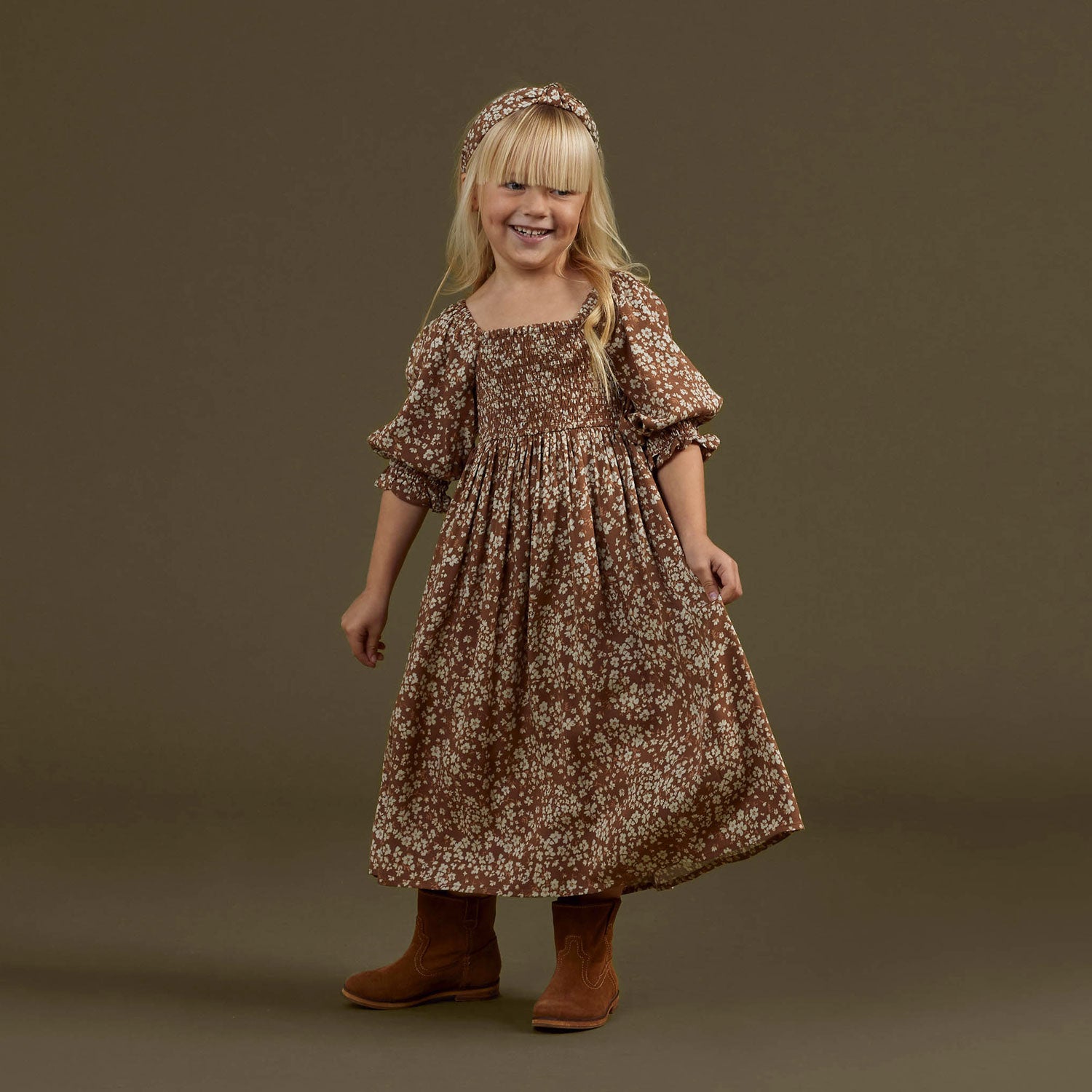 Little girl wearing Rylee and Cru Adelaide Dress - Harvest