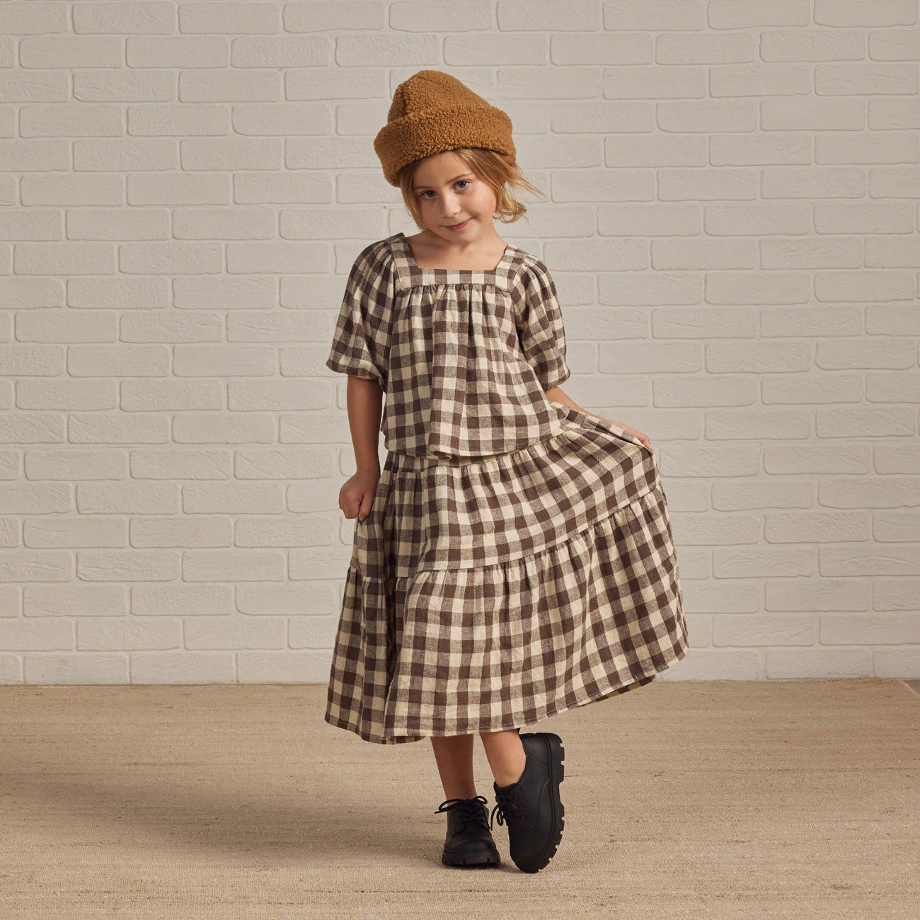 Little girl wearing Rylee and Cru Gia Blouse - Charcoal Check - Natural / Charcoal 