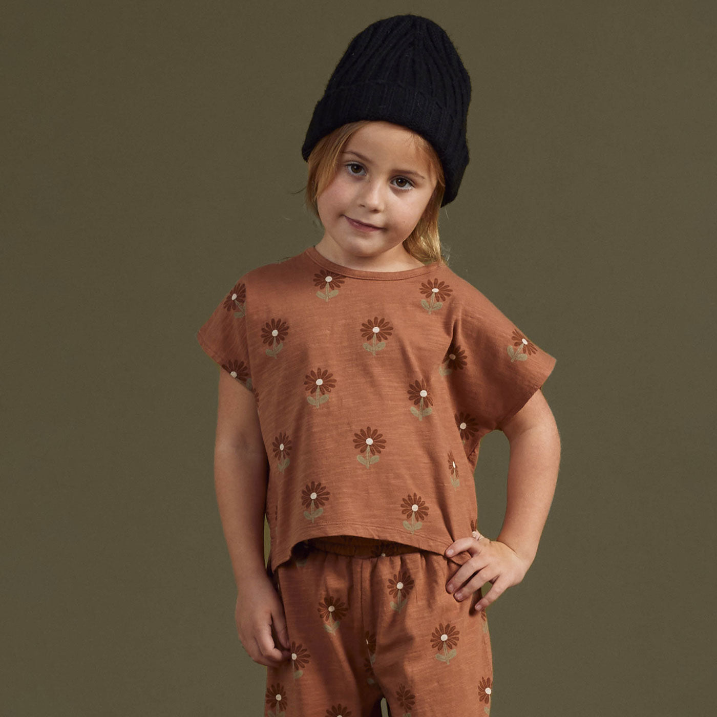 Little girl wearing Rylee and Cru Crop Tee - Sunflower - Spice
