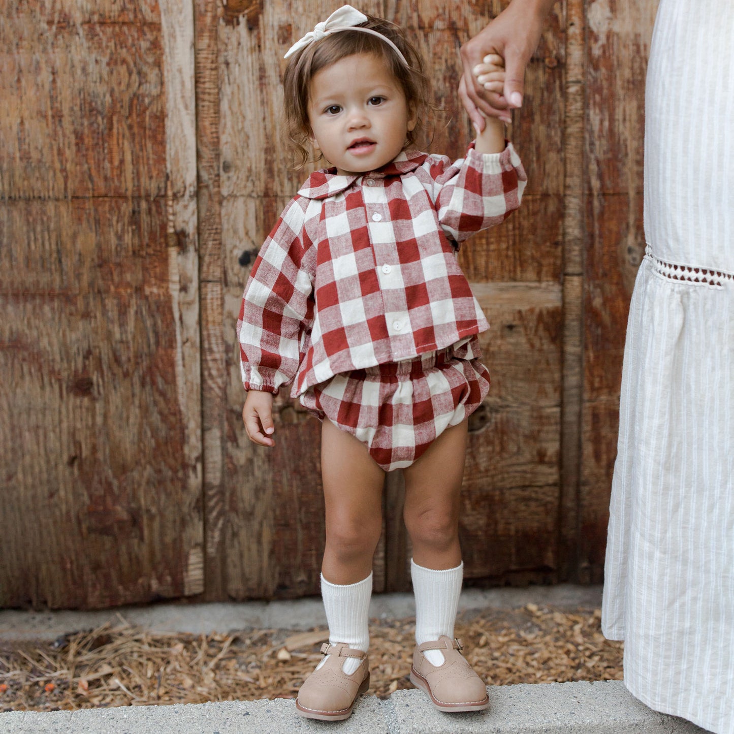 Girl wearing Rylee and Cru Nellie Set - Ruby Plaid