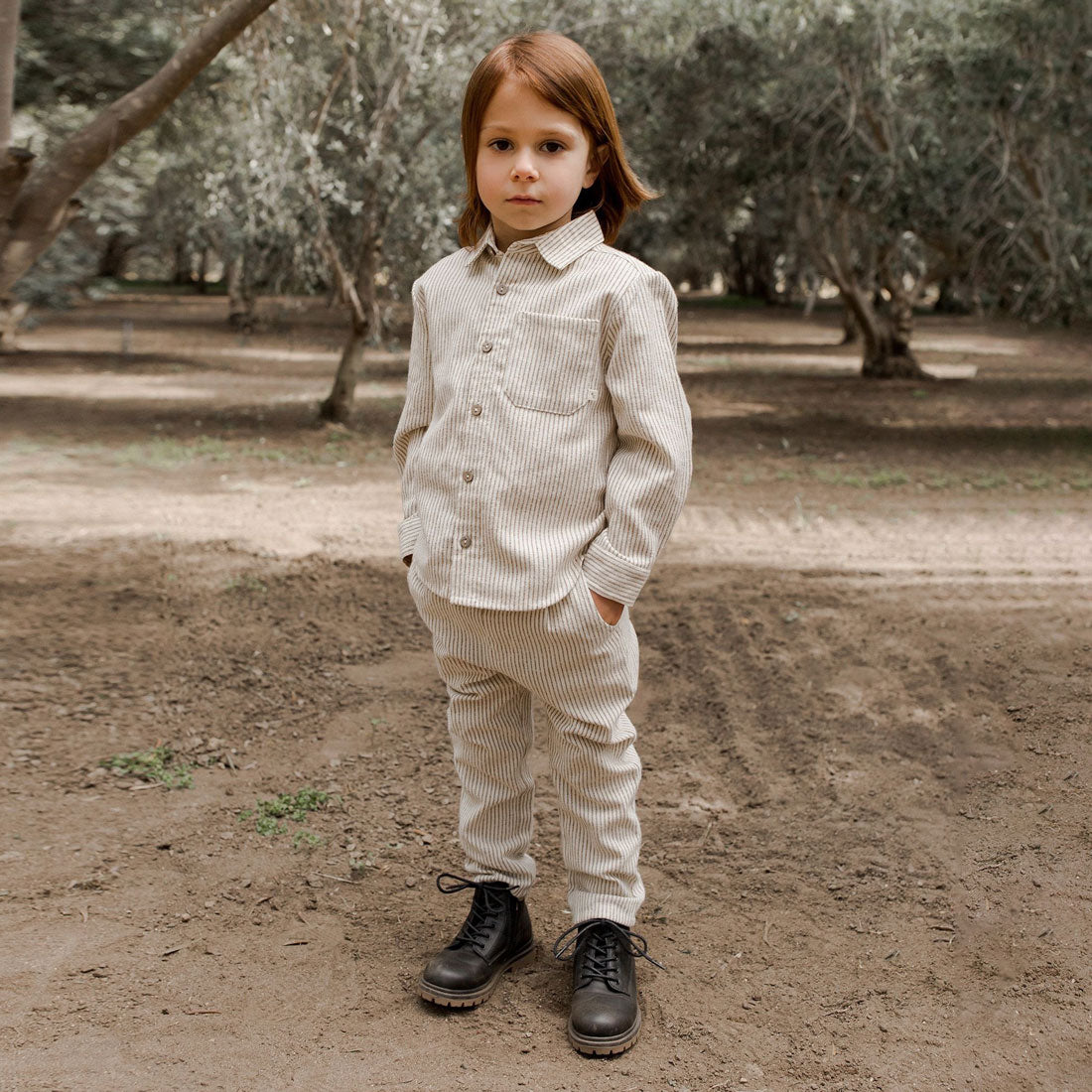 Child wearing Rylee and Cru Ethan Trouser - Brass Pinstripe