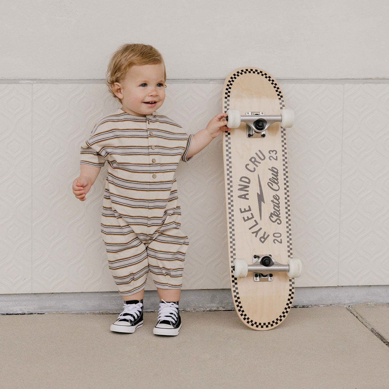 Toddler wearing Rylee and Cru Hayes Jumpsuit - Vintage Stripe - Brass / French Blue / Sand