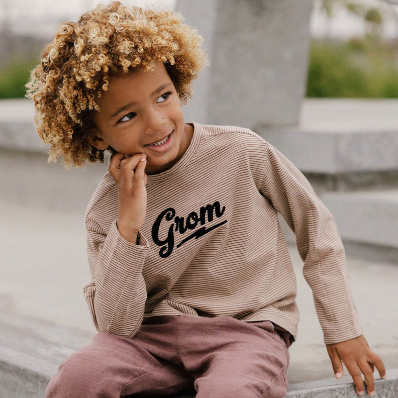 Boy wearing Rylee and Cru Long Sleeve Paneled Tee - Grom - Plum / Sand Stripe