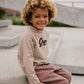 Boy wearing Rylee and Cru Long Sleeve Paneled Tee - Grom - Plum / Sand Stripe