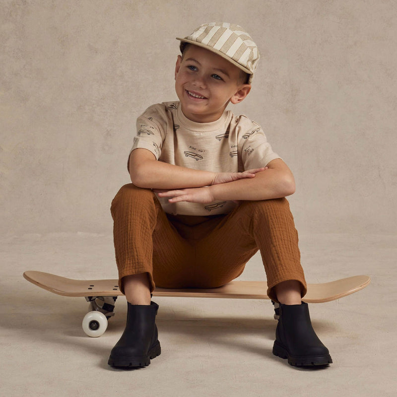 Boy wearing Rylee and Cru Skater Hat - Autumn Stripe - Fern / Brass / Natural