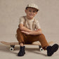 Boy wearing Rylee and Cru Skater Hat - Autumn Stripe - Fern / Brass / Natural