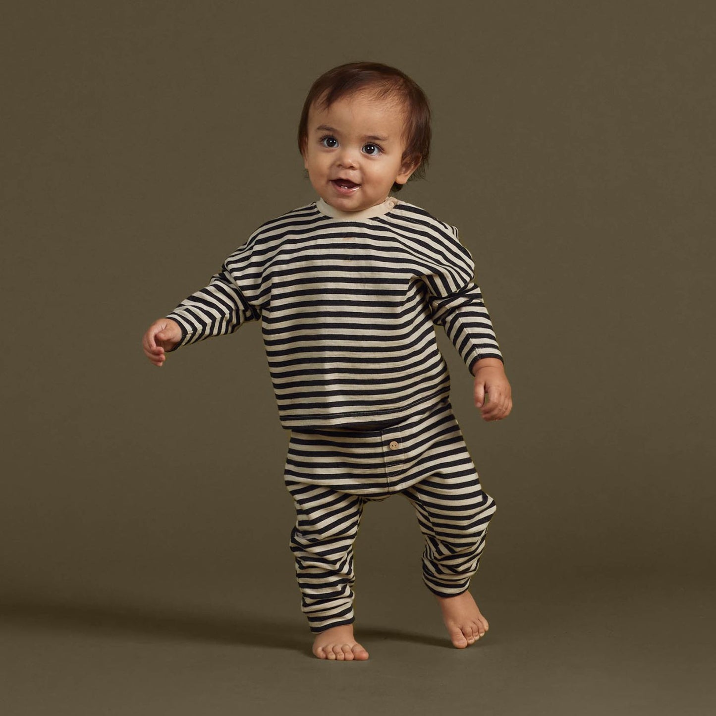 Toddler wearing Rylee and Cru Camden Long Sleeve Tee - Black Stripe