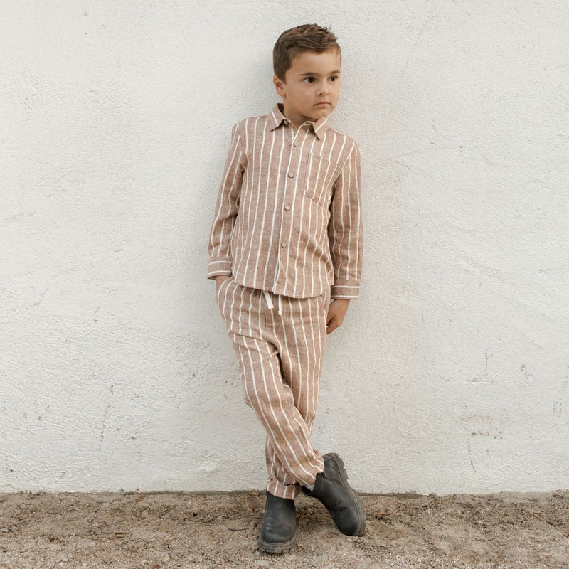 Boy wearing Rylee and Cru Collared Long Sleeve Shirt - Cedar Pinstripe