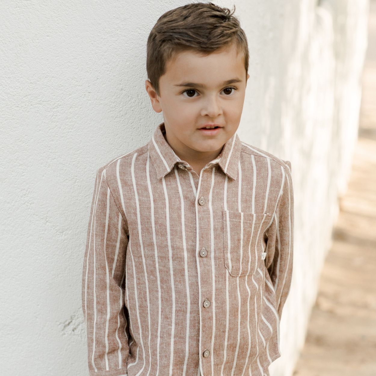 Boy wearing Rylee and Cru Collared Long Sleeve Shirt - Cedar Pinstripe