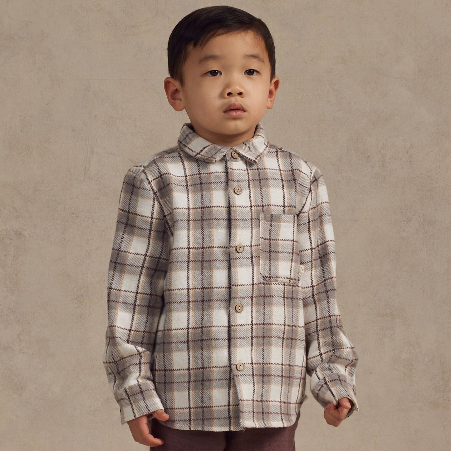 Boy wearing Rylee and Cru Collared Long Sleeve Shirt - French Blue Flannel Lifestyle