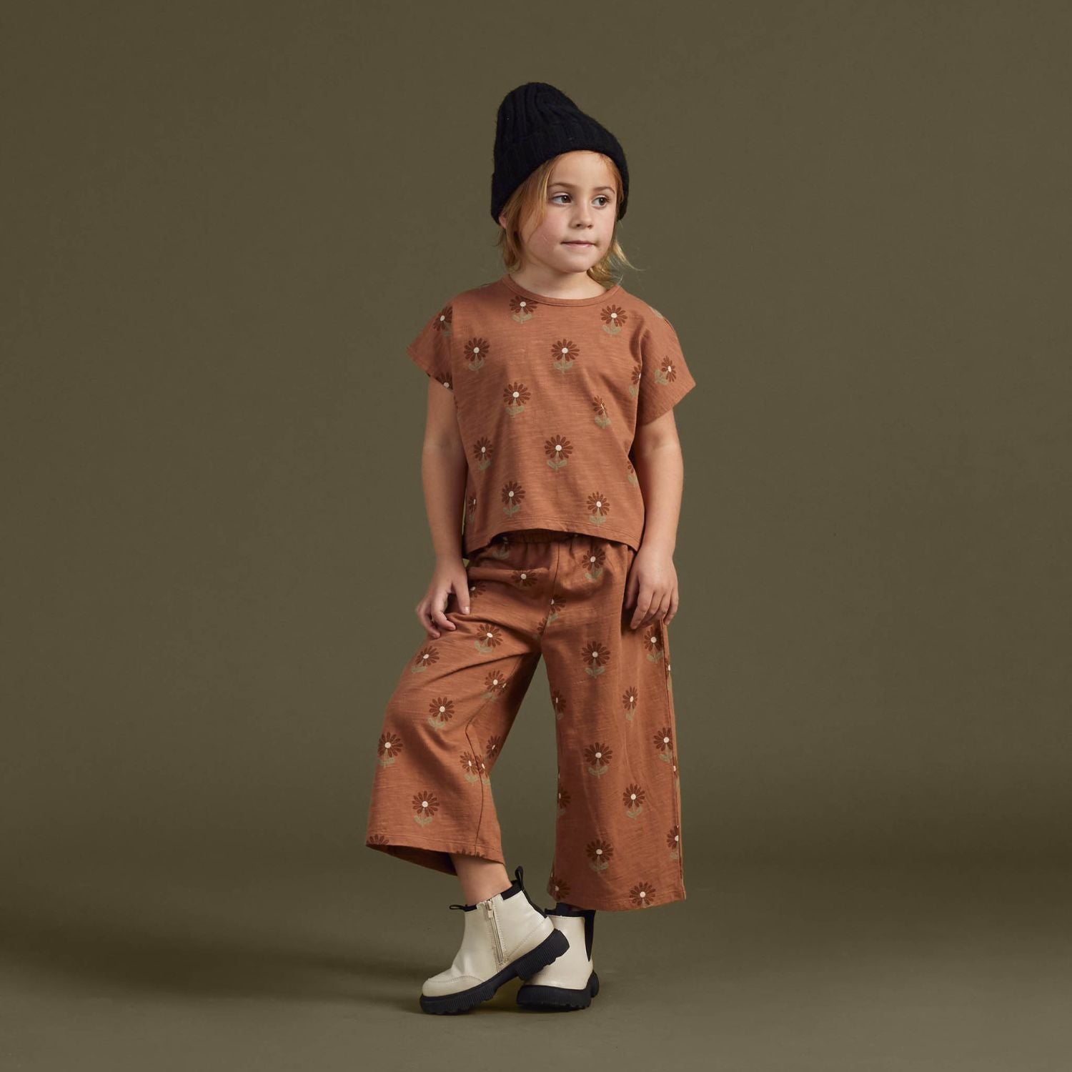 Little girl wearing Rylee and Cru Crop Tee - Sunflower - Spice