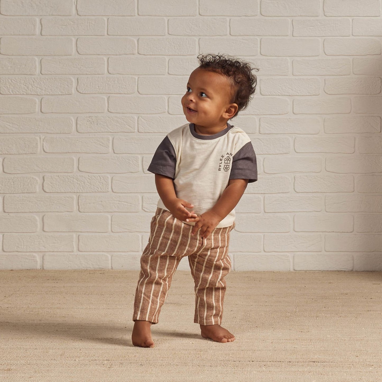 Toddler wearing Rylee and Cru Otis Pant - Cedar Pinstripe